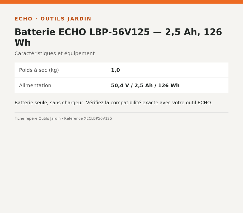 Batterie ECHO LBP-56V125 — 2,5 Ah, 126 Wh — infographie technique Outils Jardin [ECHO 2026-10-03]