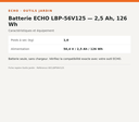 Batterie ECHO LBP-56V125 — 2,5 Ah, 126 Wh — infographie technique Outils Jardin [ECHO 2026-10-03]