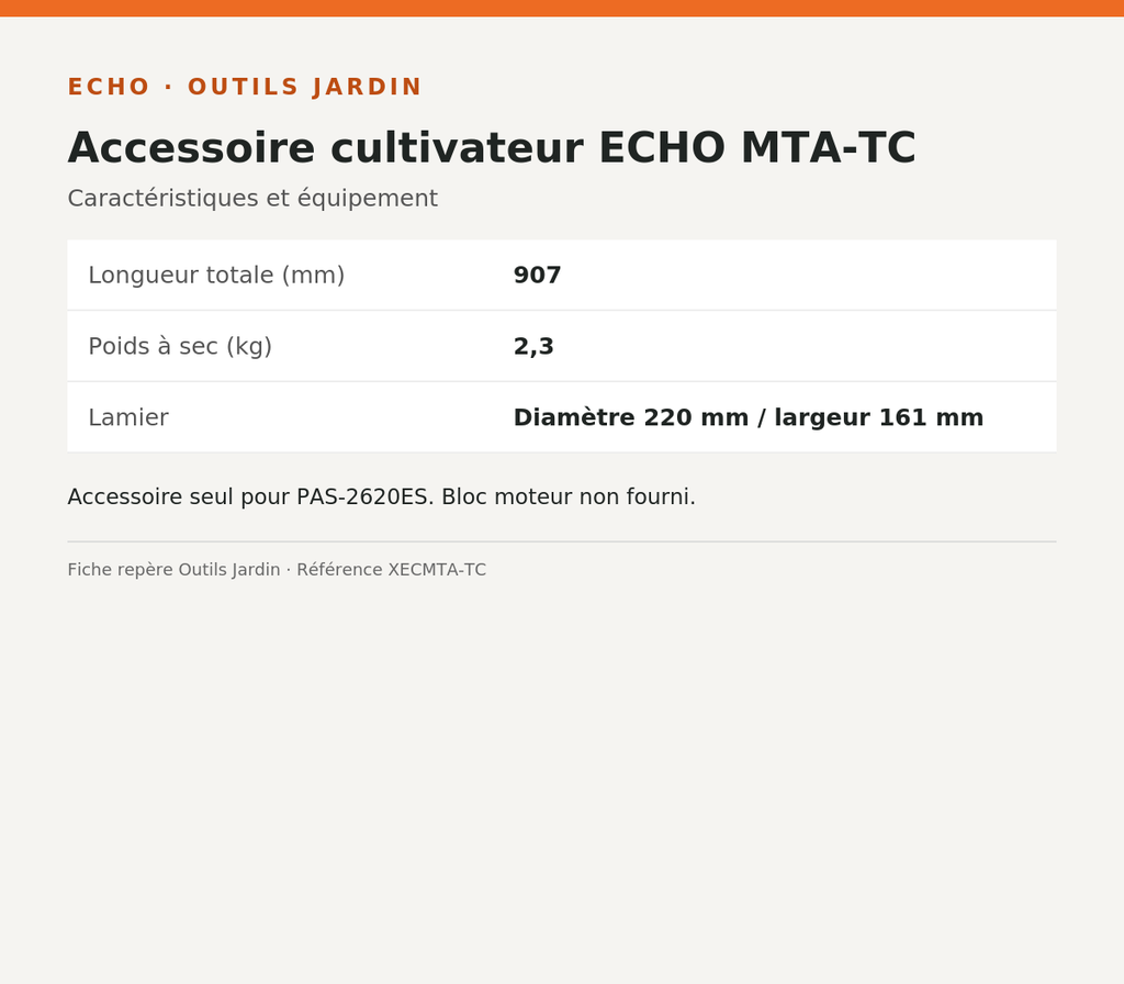 Accessoire cultivateur ECHO MTA-TC — infographie technique Outils Jardin [ECHO 2026-10-03]