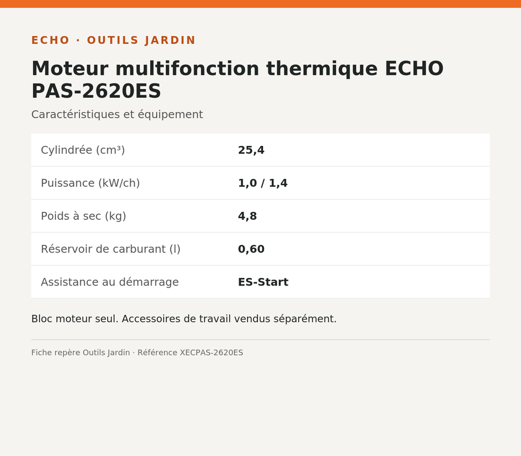 Moteur multifonction thermique ECHO PAS-2620ES — infographie technique Outils Jardin [ECHO 2026-10-03]
