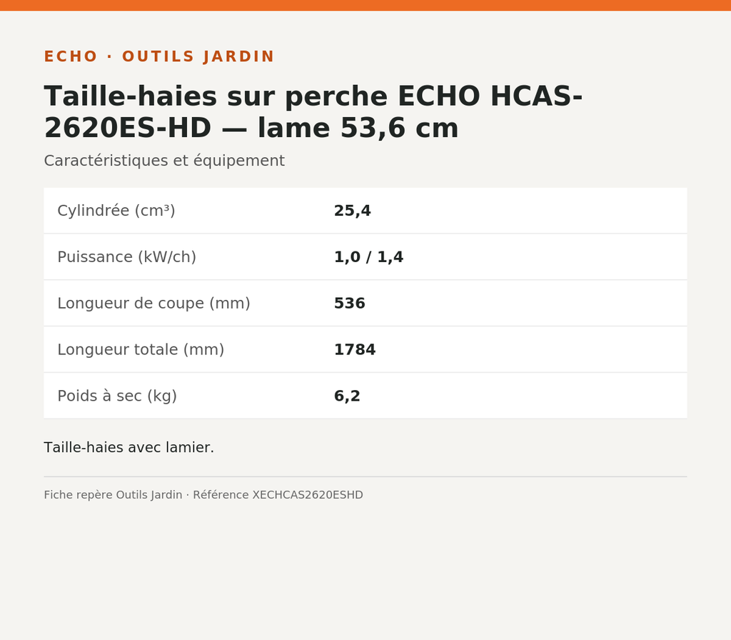 Taille-haies sur perche ECHO HCAS-2620ES-HD — lame 53,6 cm — infographie technique Outils Jardin [ECHO 2026-10-03]