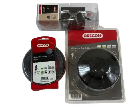 Kit entretien debroussailleuse avec tête nylon Tap&Go + 15m de fil nylon 2mm Silencio + 1 paire de lunette de sécurité Oregon  646508