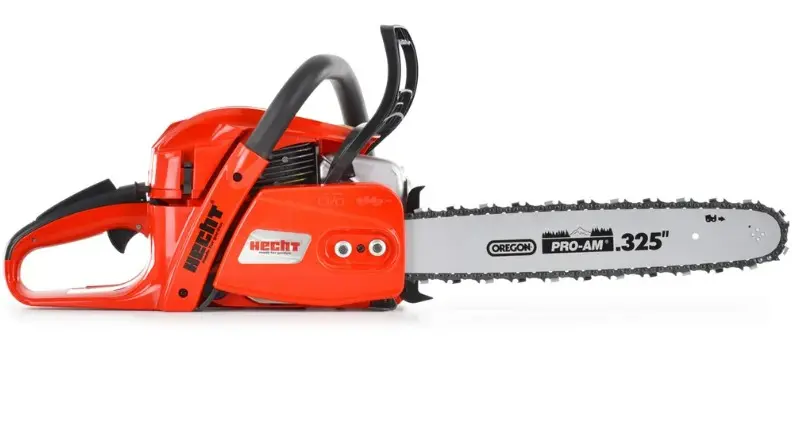 Tronconneuse HECHT 958 Longueur du guide-chaîne : 39 cm. Moteur : 58 cm³, puissance nominale : 3,3 CV. Poids : 5,5 kg.